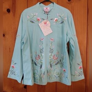 Quacker Factory Floral Embroidered Zip Front Jeans Jacket